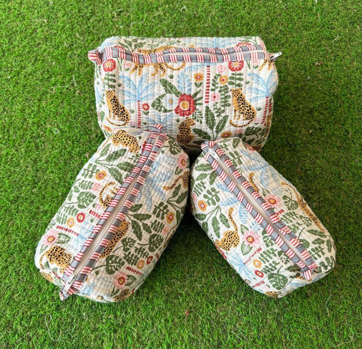 Tiger Printed Cotton Quilted Bag Zipper Cosmetic Women Bags