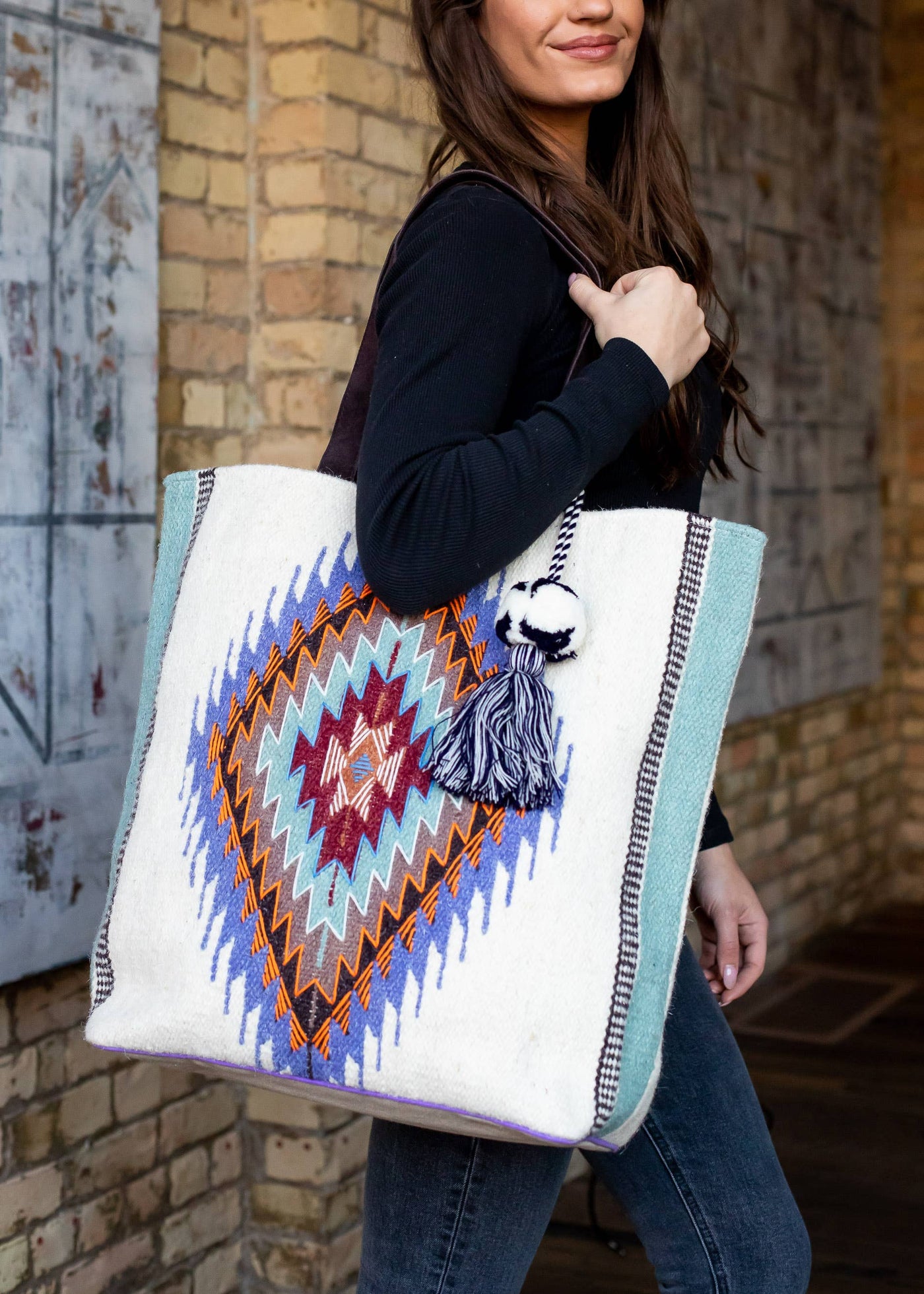 Cream, Blue & Multicolored Tote